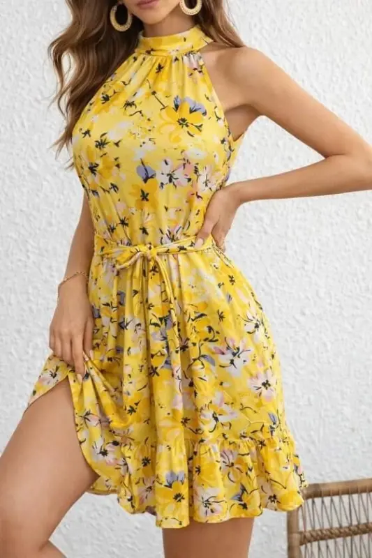 Women's Off-Shoulder Turtleneck Belted Patterned Short Suprem Dress - 2