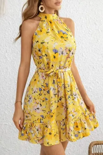 Women's Off-Shoulder Turtleneck Belted Patterned Short Suprem Dress - 4