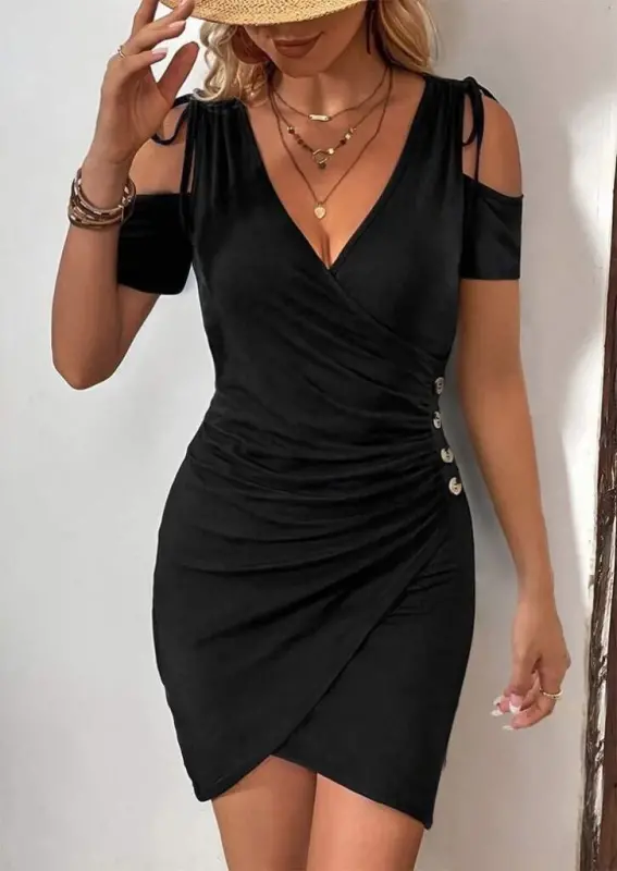 Women's Off Shoulder V Neck Short Sleeve Ruched Side Button Detail Crinkle Crepe Dress - 1