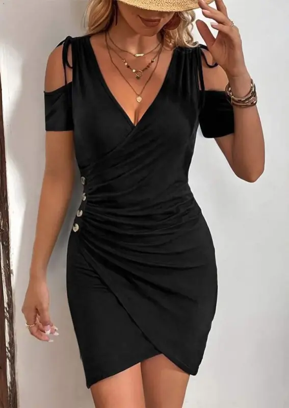 Women's Off Shoulder V Neck Short Sleeve Ruched Side Button Detail Crinkle Crepe Dress - 3
