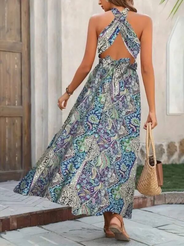 Women's Off-the-Shoulder Criss-Cross Neck Detailed Slit Patterned Long Single Jersey Dress - 1