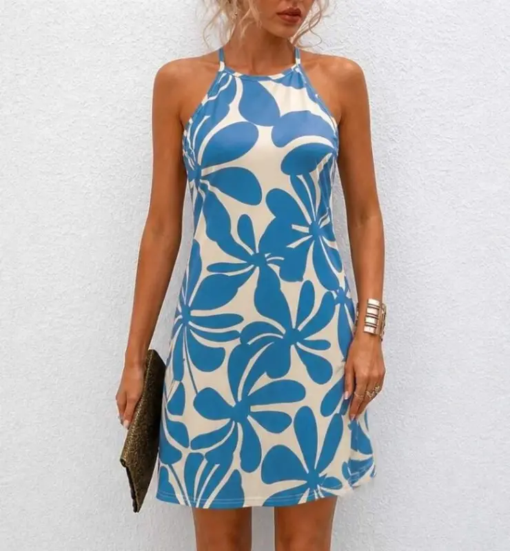 Women's Off-the-Shoulder Halter Neck Cut-Out Short Patterned Single Jersey Dress - 4