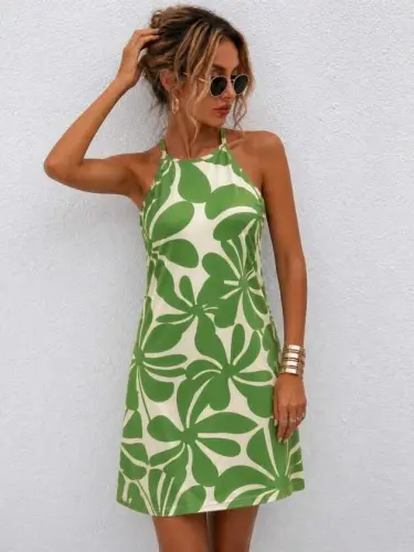 Women's Off-The-Shoulder Halter Neck Short Patterned Single Jersey Dress - 3