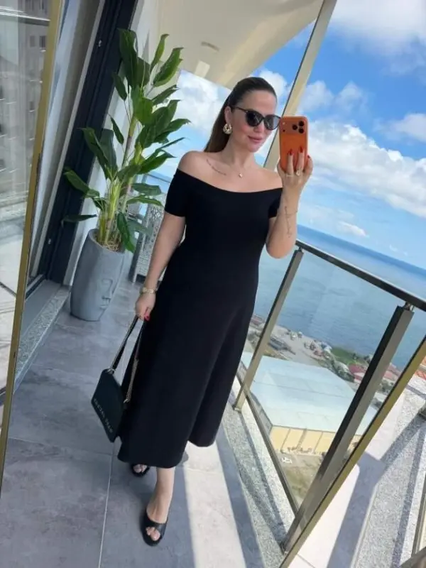 Women's Off-the-Shoulder Midi Length Modal Dress - 1