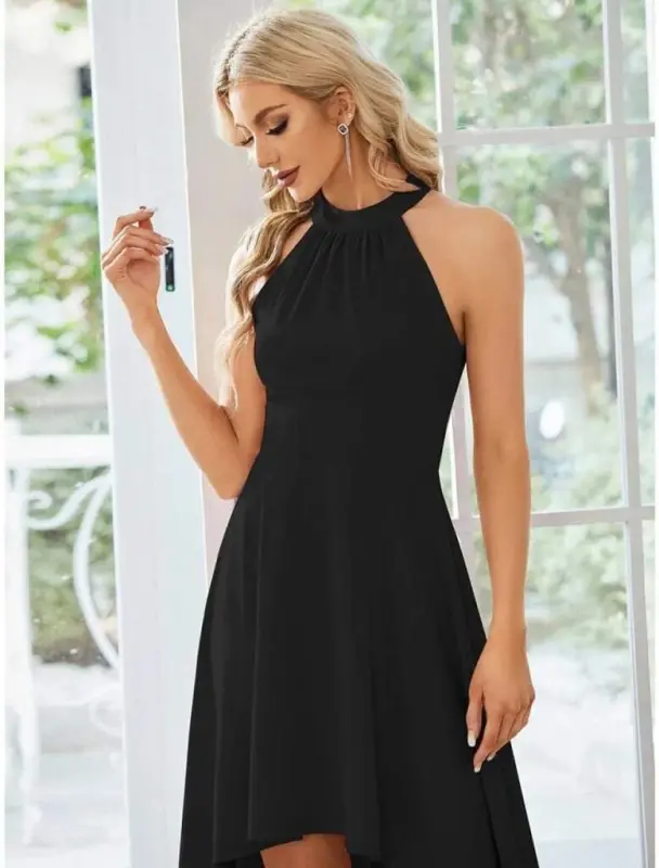 Women's Off-The-Shoulder Neck Ring Detailed Asymmetric Short Imported Crepe Dress - 1
