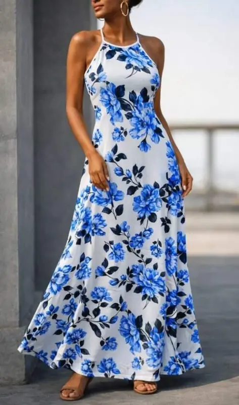 Women's Off-the-Shoulder Spaghetti Strap Patterned Long Supima Dress - 1