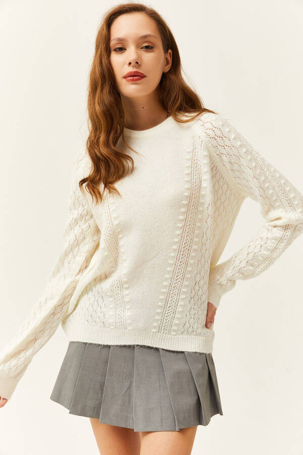 Women's Off-White Small Pompom Soft-Textured Knit Sweater KZK-19000689 - 1