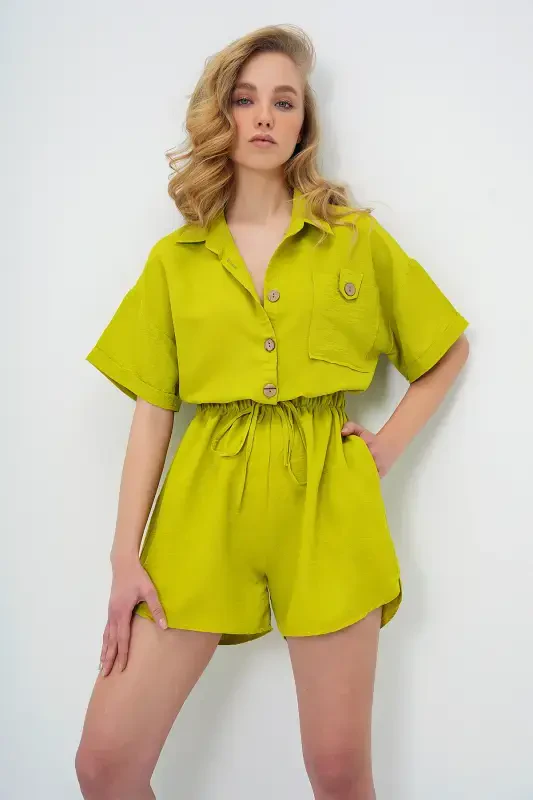 Women's Oil Green Shirt Collar Double Pocket Shorts Jumpsuit ALC-X11611-OIL GREEN - 1