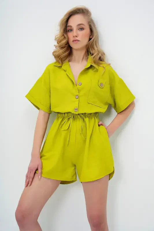 Women's Oil Green Shirt Collar Double Pocket Shorts Jumpsuit ALC-X11611-OIL GREEN - 2