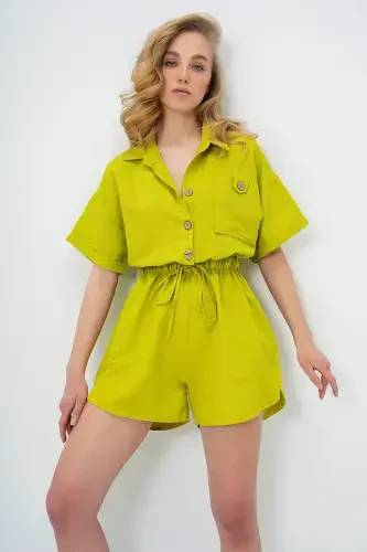 Women's Oil Green Shirt Collar Double Pocket Shorts Jumpsuit ALC-X11611-OIL GREEN - 3