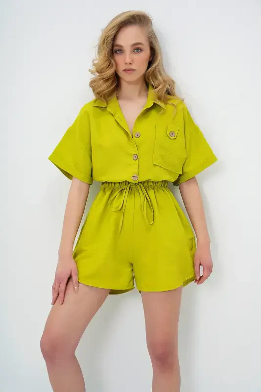 Women's Oil Green Shirt Collar Double Pocket Shorts Jumpsuit ALC-X11611-OIL GREEN - 5