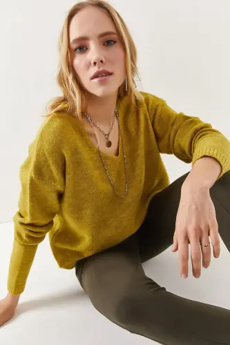 Women's Oil Green V Neck Soft Touch Knit Sweater KZK-19000598-Oil Green 