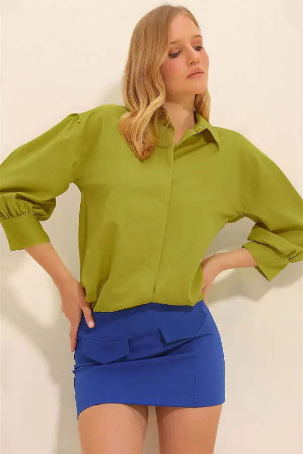 Women's Olive Green Balloon Sleeve Hidden Button Basic Poplin Shirt ALC-X9654 - 1