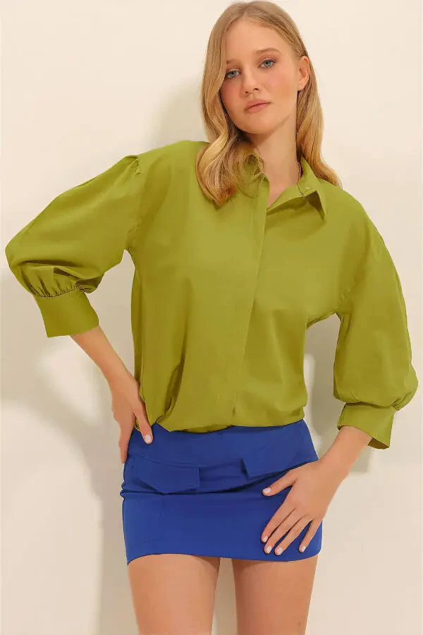 Women's Olive Green Balloon Sleeve Hidden Button Basic Poplin Shirt ALC-X9654 - 2