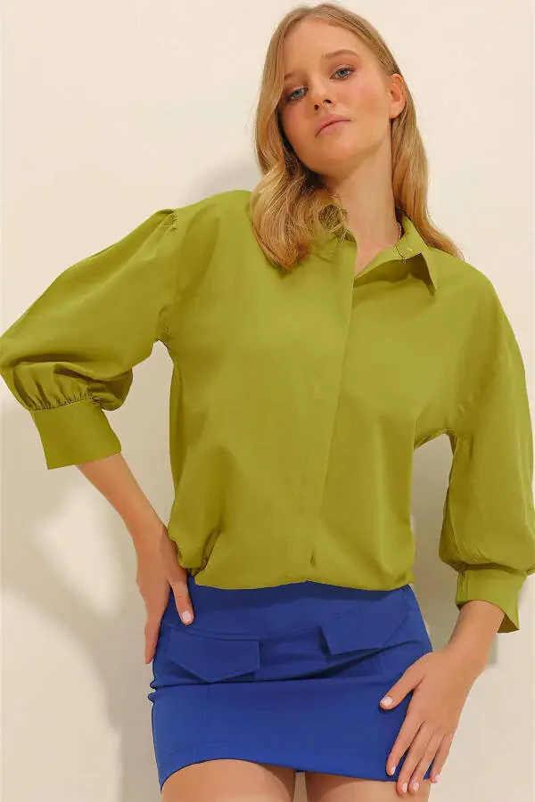 Women's Olive Green Balloon Sleeve Hidden Button Basic Poplin Shirt ALC-X9654 - 3