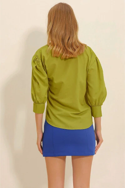 Women's Olive Green Balloon Sleeve Hidden Button Basic Poplin Shirt ALC-X9654 - 5