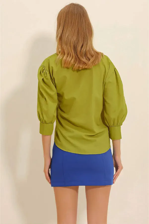 Women's Olive Green Balloon Sleeve Hidden Button Basic Poplin Shirt ALC-X9654 - 5