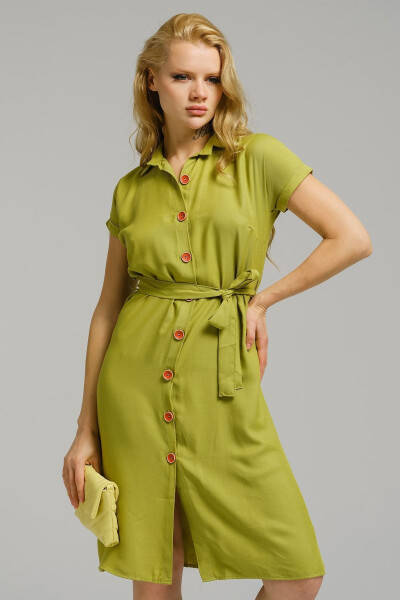 Women's Olive Green Belted Short Sleeve Shirt Dress ARM-19Y001068 - 3