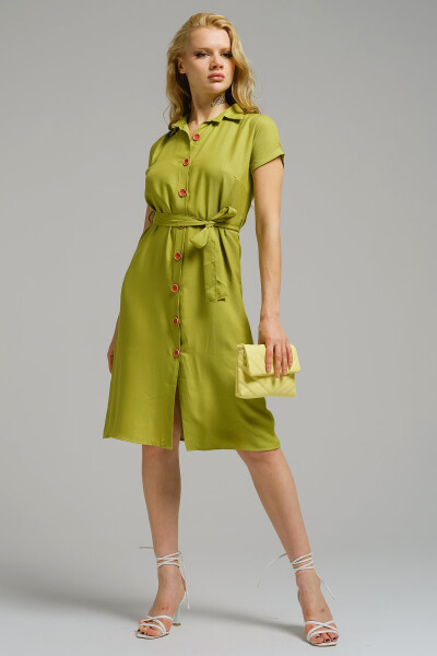 Women's Olive Green Belted Short Sleeve Shirt Dress ARM-19Y001068 - 5