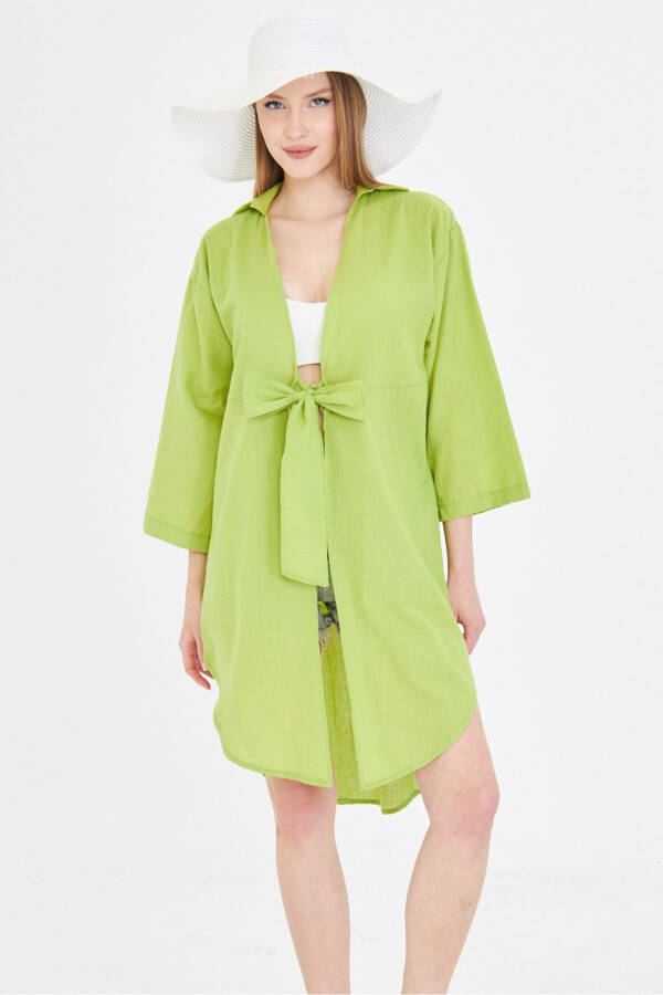 Women's Olive Green Front Tie-Up Fine Linen Fabric - 1