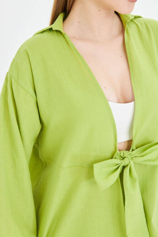 Women's Olive Green Front Tie-Up Fine Linen Fabric - 2