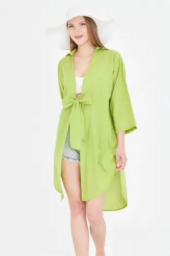 Women's Olive Green Front Tie-Up Fine Linen Fabric - 4