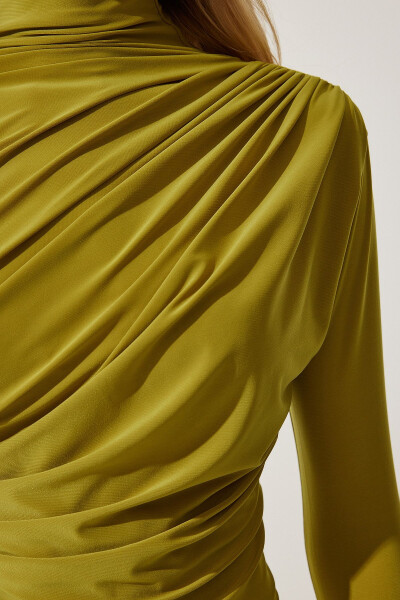 Women's Olive Green Smocked Detail Stand Collar Sandy Blouse FF00135 - 4