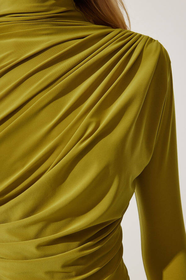 Women's Olive Green Smocked Detail Stand Collar Sandy Blouse FF00135 - 4