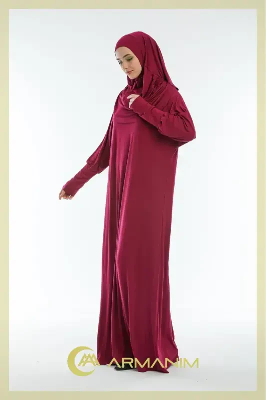 Women's One Piece Prayer and Umrah Dress-BURGUNDY - 4