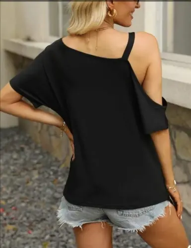 Women's One Shoulder Buckle Detail Viscose Blouse - BÜYÜKBEDENIZ (1)