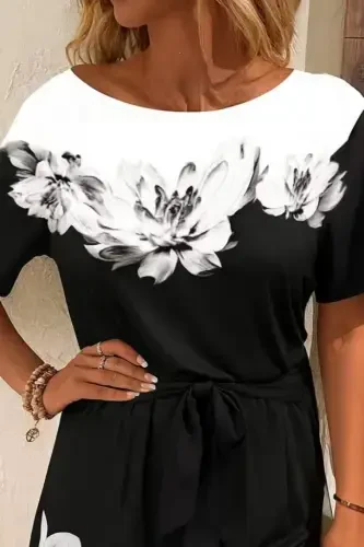 Women's One Shoulder Floral Print Belted Two Thread Mini Short Jumpsuit - BÜYÜKBEDENIZ (1)