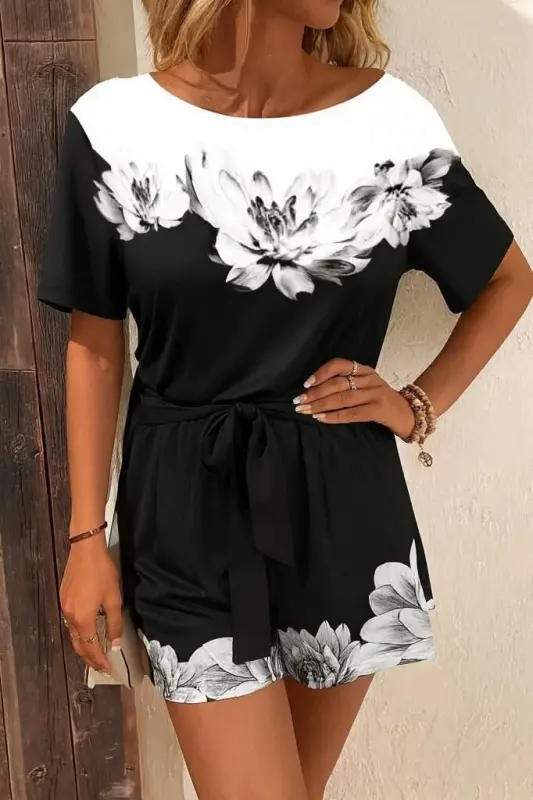 Women's One Shoulder Floral Print Belted Two Thread Mini Short Jumpsuit - 3