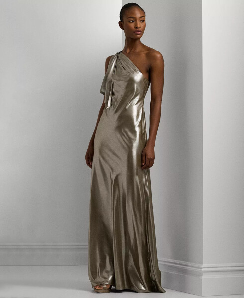 Women's One-Shoulder Metallic Chiffon Gown Pewter/Silver - 1