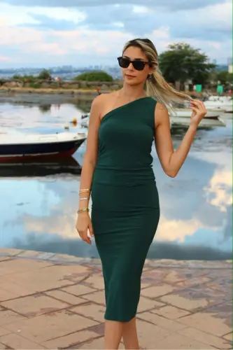 Women's One Shoulder Midi Dress-EMERALD GREEN - 3