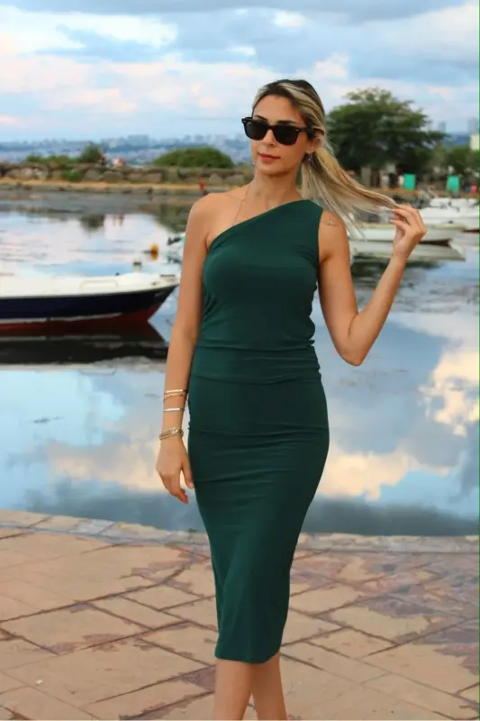 Women's One Shoulder Midi Dress-EMERALD GREEN - 3