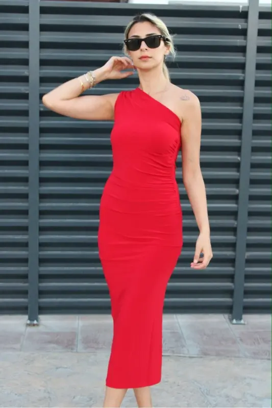 Women's One Shoulder Midi Dress-RED - 4