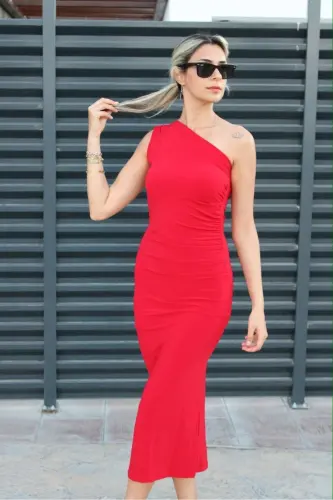 Women's One Shoulder Midi Dress-RED - 5