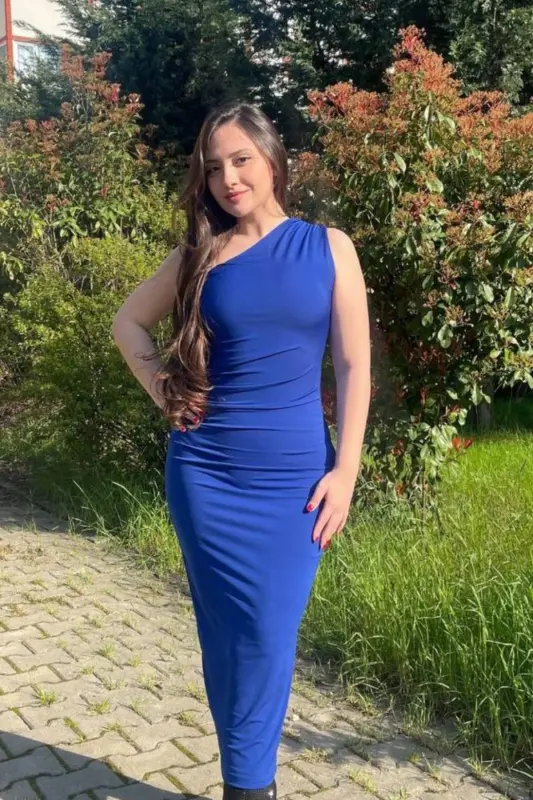 Women's One Shoulder Midi Dress-SAXE - 2