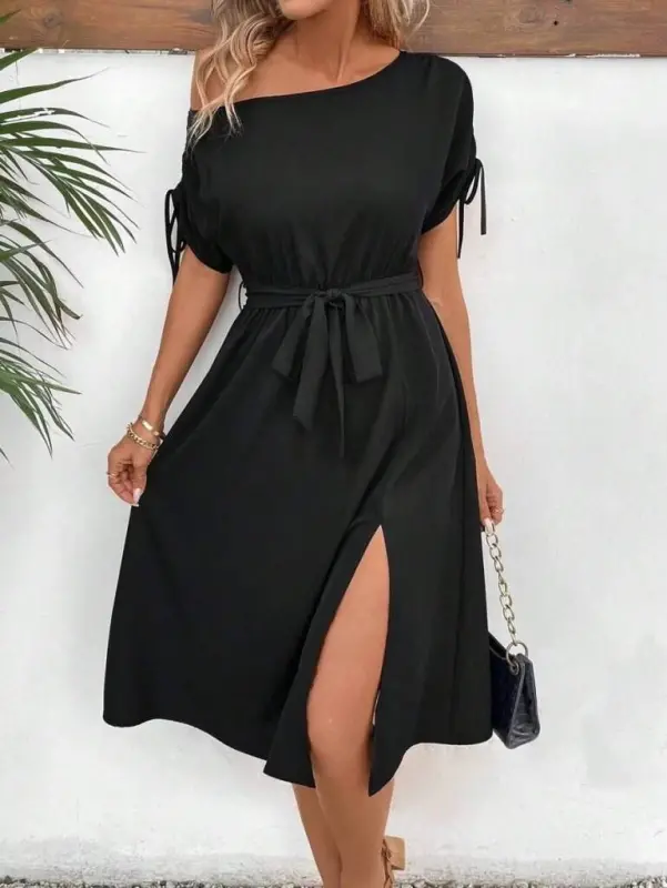 Women's One Shoulder Open Sleeve Tie Belted Slit Detailed Viscose Dress - 1