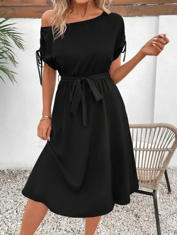 Women's One Shoulder Open Sleeve Tie Belted Slit Detailed Viscose Dress - 2