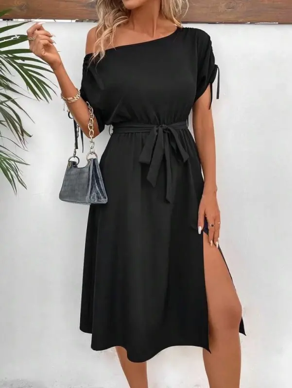 Women's One Shoulder Open Sleeve Tie Belted Slit Detailed Viscose Dress - 14