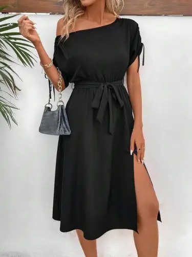 Women's One Shoulder Open Sleeve Tie Belted Slit Detailed Viscose Dress - 3