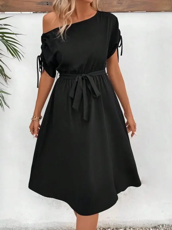 Women's One Shoulder Open Sleeve Tie Belted Slit Detailed Viscose Dress - 5