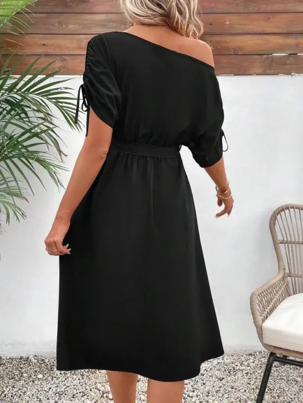 Women's One Shoulder Open Sleeve Tie Belted Slit Detailed Viscose Dress - 11