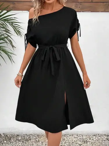 Women's One Shoulder Open Sleeve Tie Belted Slit Detailed Viscose Dress - 10