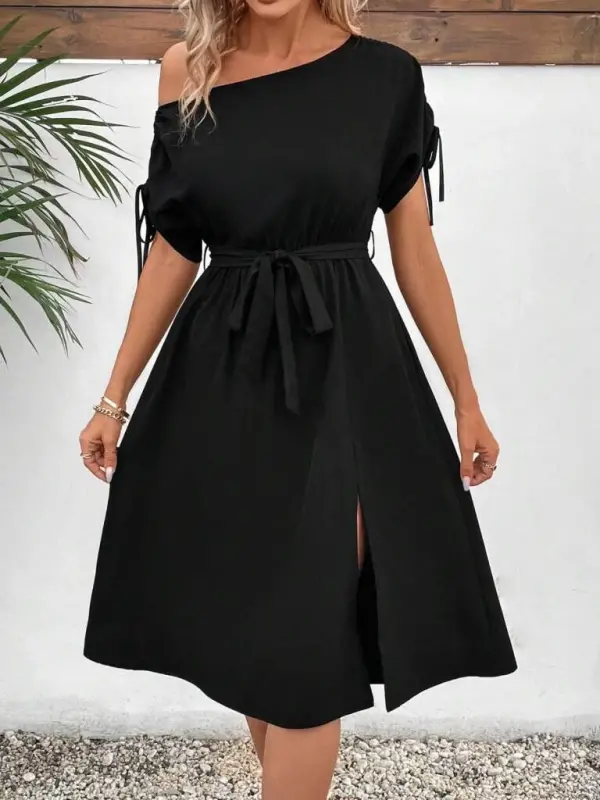Women's One Shoulder Open Sleeve Tie Belted Slit Detailed Viscose Dress - 7