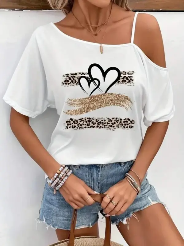 Women's One Shoulder Open Spaghetti Strap Printed Viscose Blouse - 1