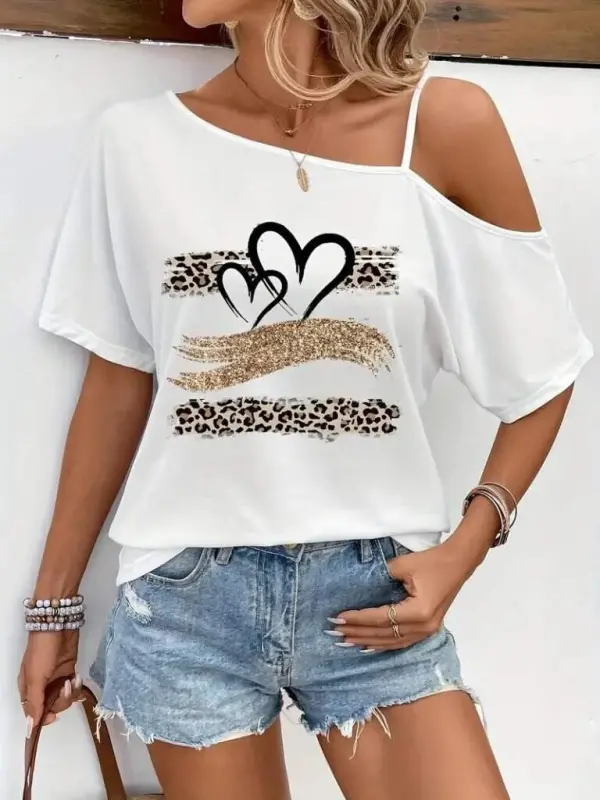 Women's One Shoulder Open Spaghetti Strap Printed Viscose Blouse - 2