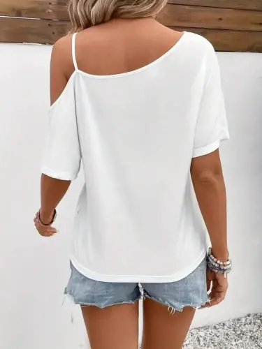 Women's One Shoulder Open Spaghetti Strap Printed Viscose Blouse - 4