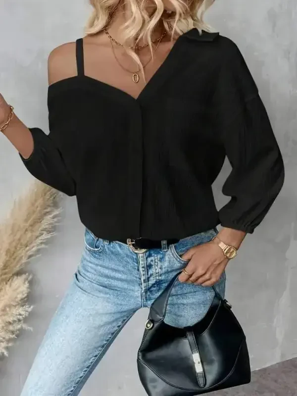 Women's One Shoulder Open Strap Long Sleeve Collar Button-Down Shirt - BÜYÜKBEDENIZ